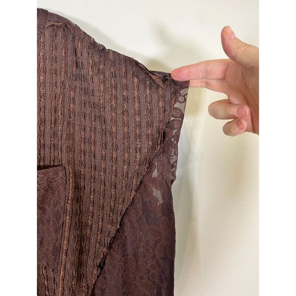 Retro Floral Mesh Top L Brown Patchwork Classic Boho Western Hippie Indie Folk - Picture 6 of 11